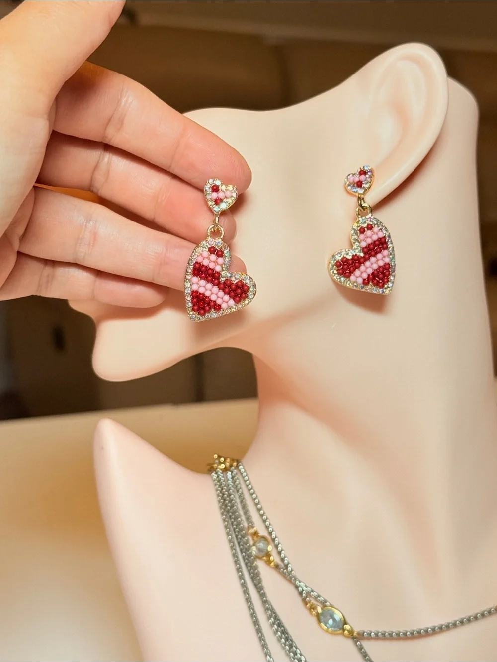 Gold-Tone Red Beaded Heart Drop Earrings
